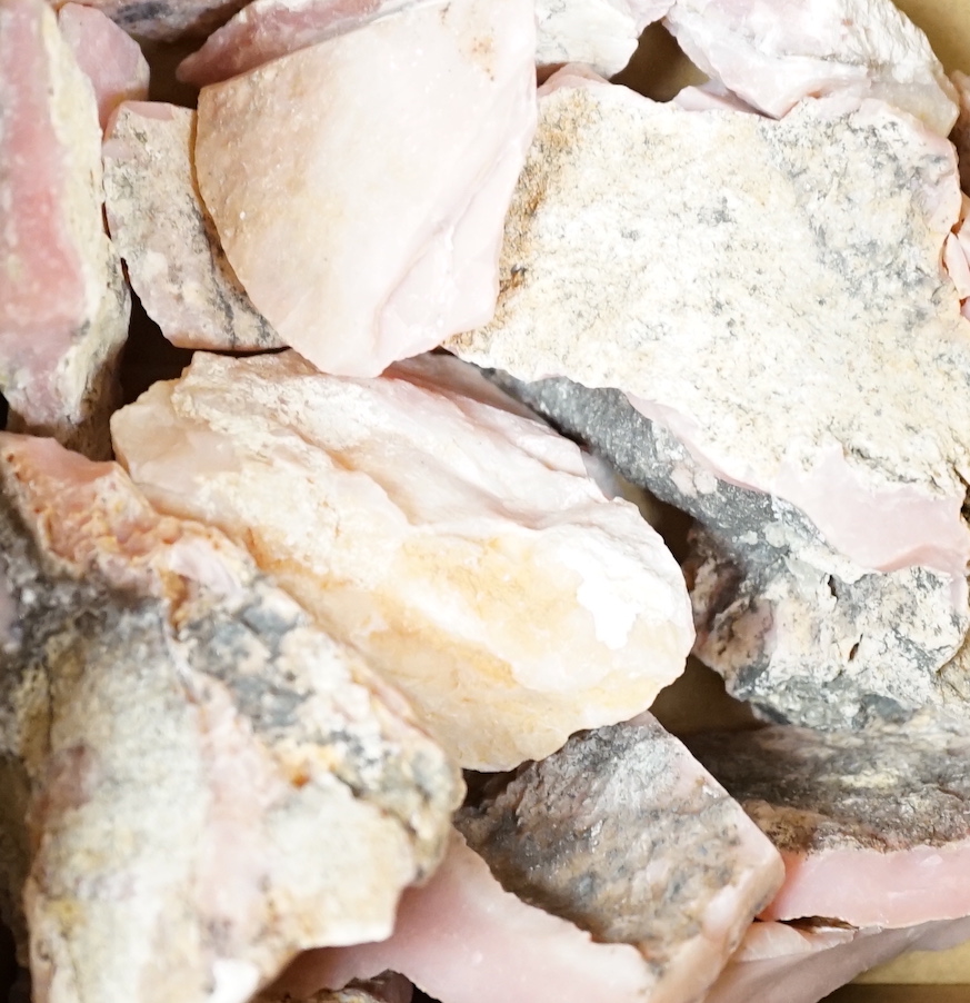 A small group of pink opal geodes